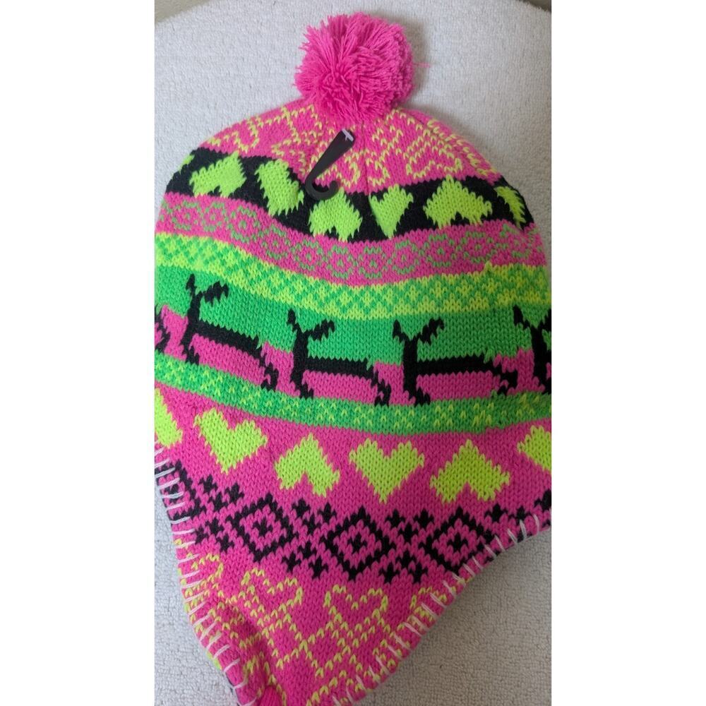 Bright Neon Colors Andean Style Chullo Ear Flap Trapper Hat Neon Pink